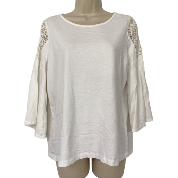 Chicos Top Size 1 Medium White Lace Cutout Shoulder Bell Sleeve Boho Casual - Picture 1 of 13